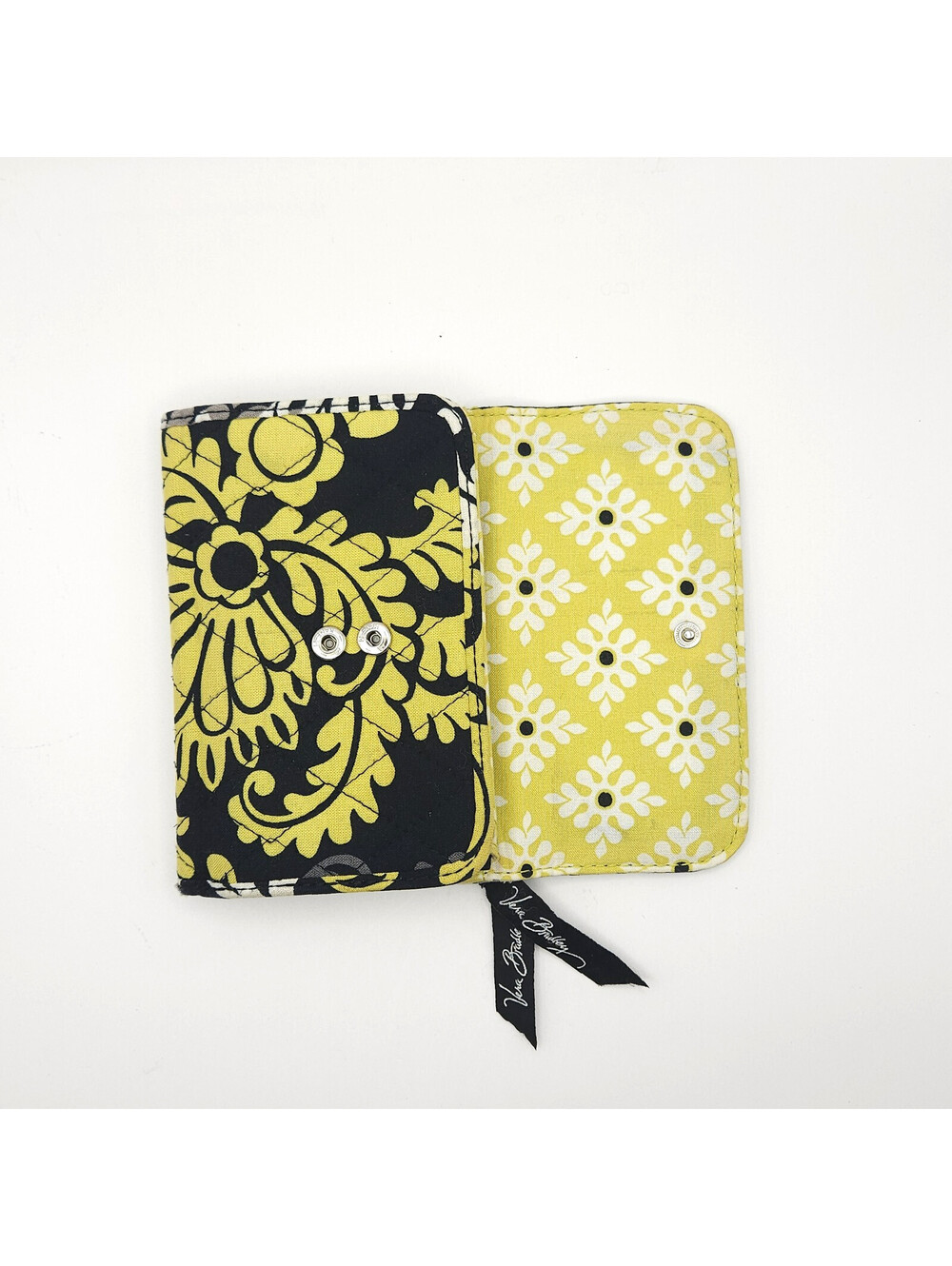Vera Bradley Quilted Trifold Euro Retired Baroque Wallet Black Yellow Floral - Picture 3 of 7